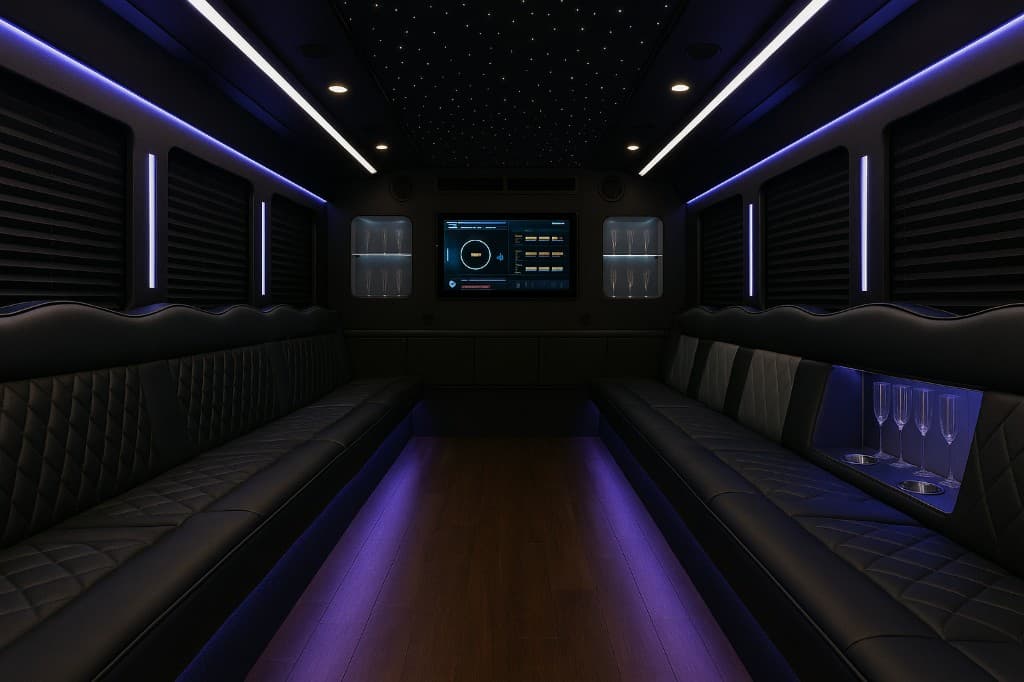 Example rendering of a 34 passenger party bus interior